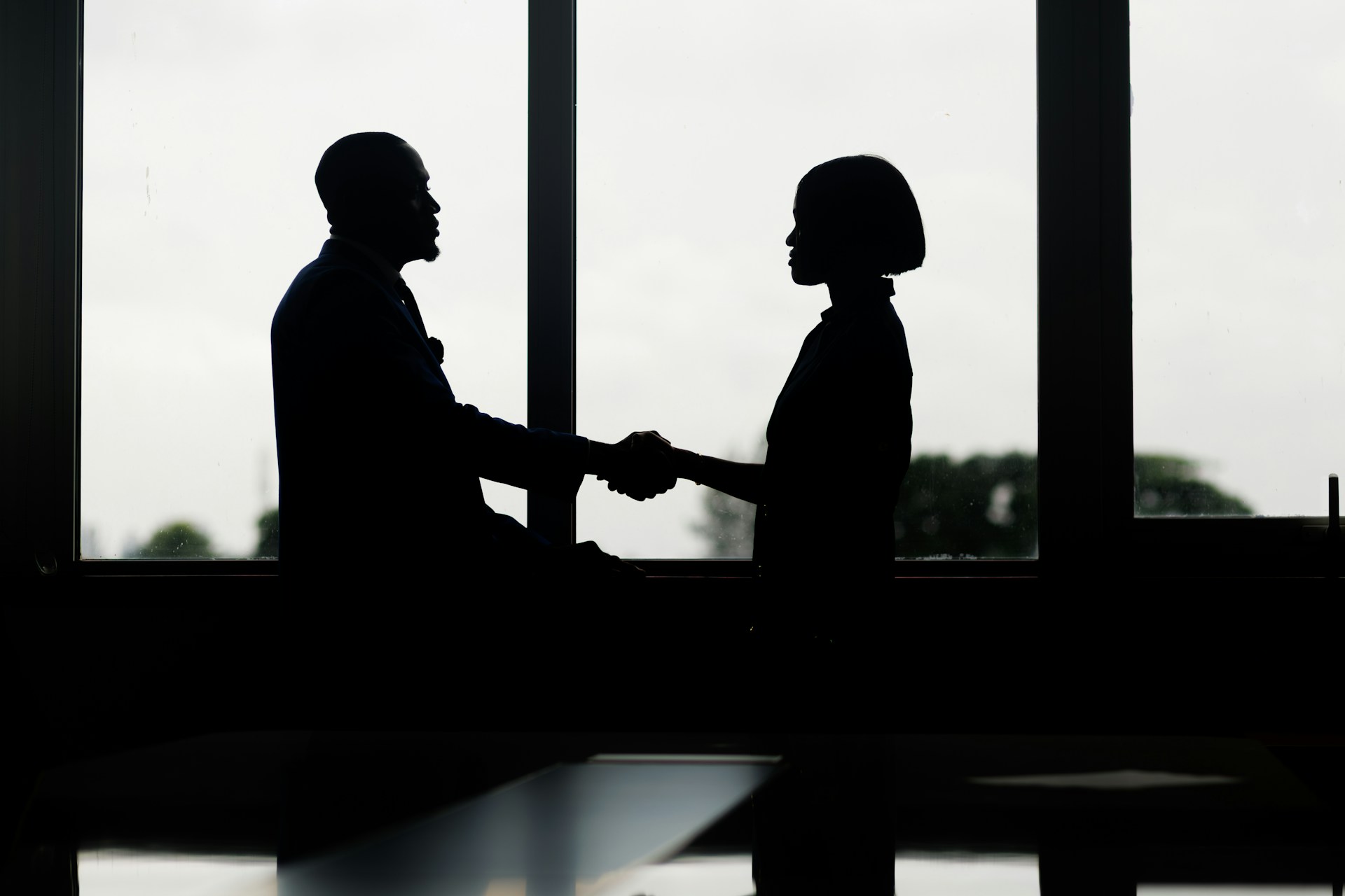 A black and white photo of two business people shaking hands, representing professional corporations and divorce in Ontario.