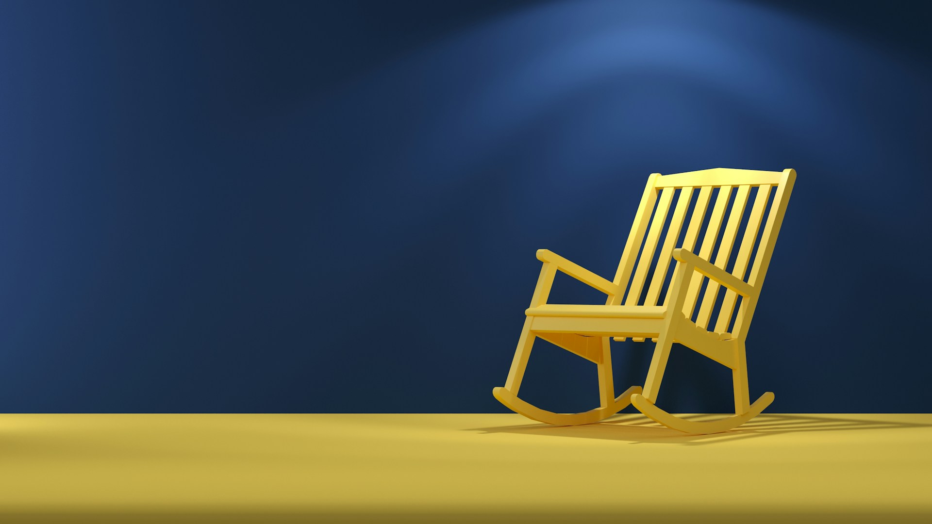 A yellow wooden rocking chair on a yellow floor and against a blue background, representing retirement and spousal support.